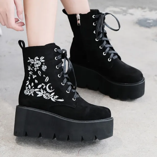 Thick soled Thick heeled Embroidered Frosted Platform Shoes Martin Boots Red - Shop at LoveMi