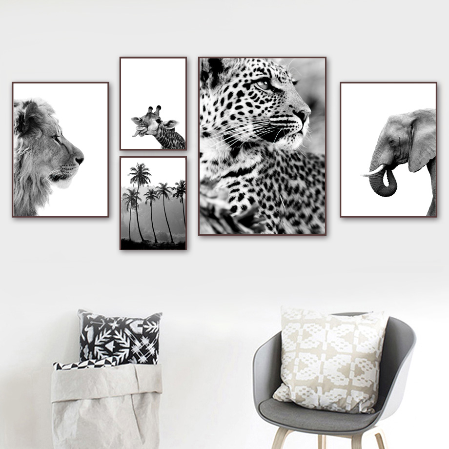 Giraffe Elephant Lion Pineapple Palm Tree Canvas Painting Wall
