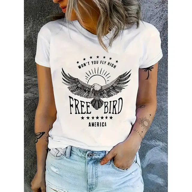 Woman Free Bird Shirt Eagle Graphic Tees Casual Summer Crew Neck Short Sleeve Tops White - Shop at LoveMi