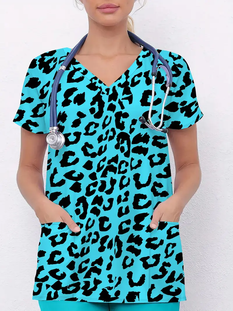 Plus Size Women's Vibrant Print Scrub Top Casual V-Neck Short Sleeve