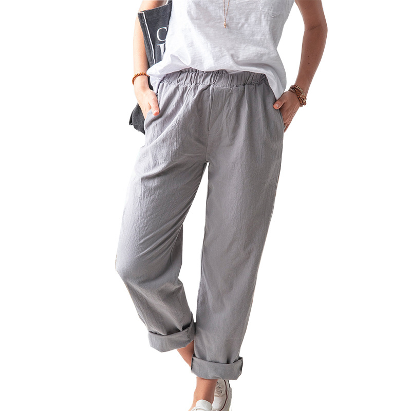 Title 7, Effen Kleur Casual Broek met Elastische Hoge Ta...