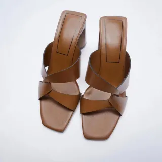 Women's Leather Square Toe High Heel Fashion Sandals - Brown