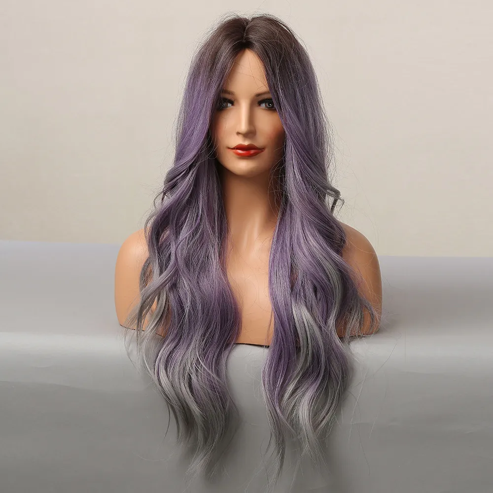 High Temperature Silk Medium Curly Hair Purple Mixed Color Women's Wig - Purple