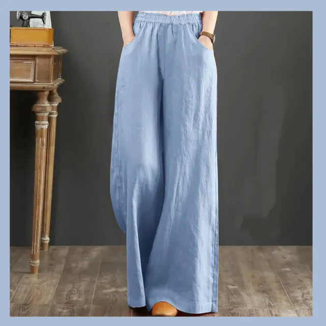 Pure Linen Plus Size Wide Leg Pants Women Drawstring Elastic Blue - Shop at LoveMi