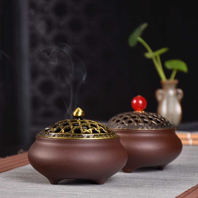 Porcelain Antique Lu Alloy Cover Purple Sand Incense Burner
