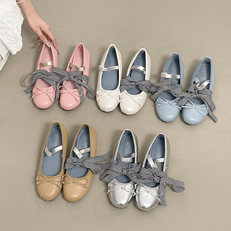 Women Sweet Fairy Gingham Check Ribbon Ankle Wrap Mary Jane Ballet Flats, Split Toe Mini Front Bow Single Strap Soft Leather Convertible Two-Way Wear Casual Daily Picnic Doll Slippers Pastel
