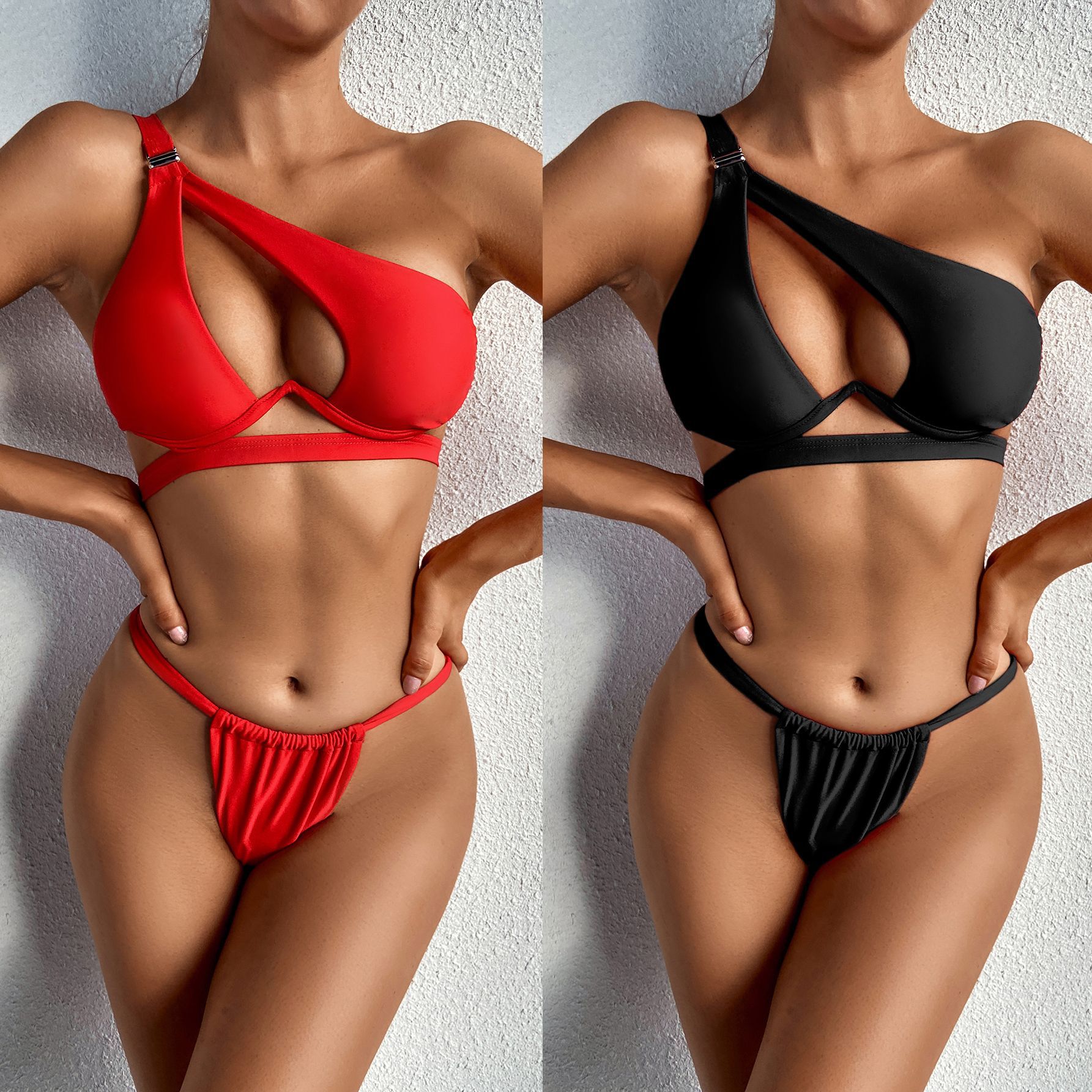 Ladies Solid Color Bandage Split Swimsuit Bikini - Image 4