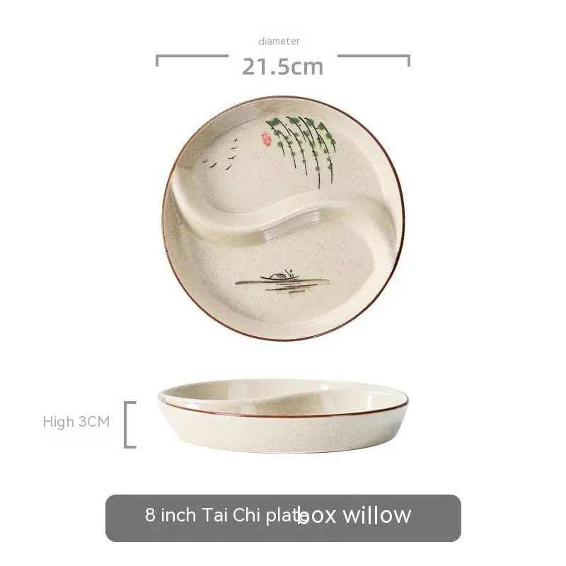 Ceramic Double Grid Eight Trigrams Mandarin Duck Dining Plate - 8 Inch Willow Plate