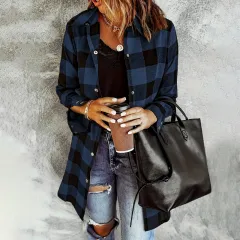 Women's Long Sleeve Plaid Print Button Front Casual Shirt For Spring & Fall - Blue - View 1