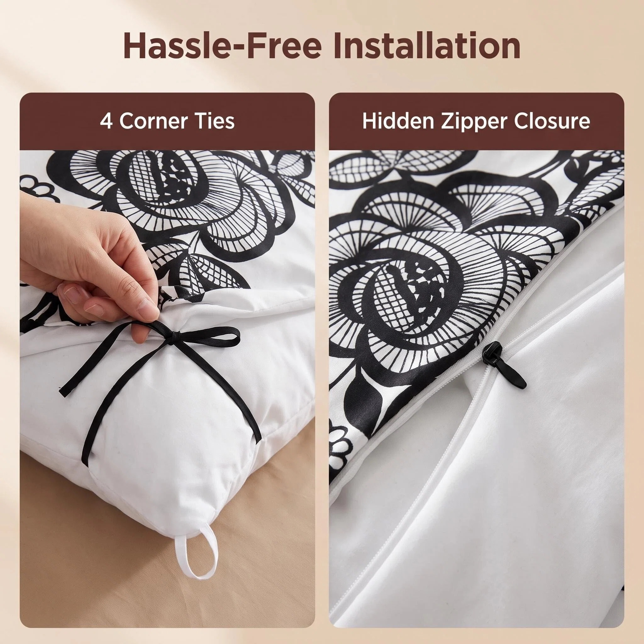 4-Piece Black And White Bohemian Floral Duvet Cover Bedding Set For Queen, King And California King