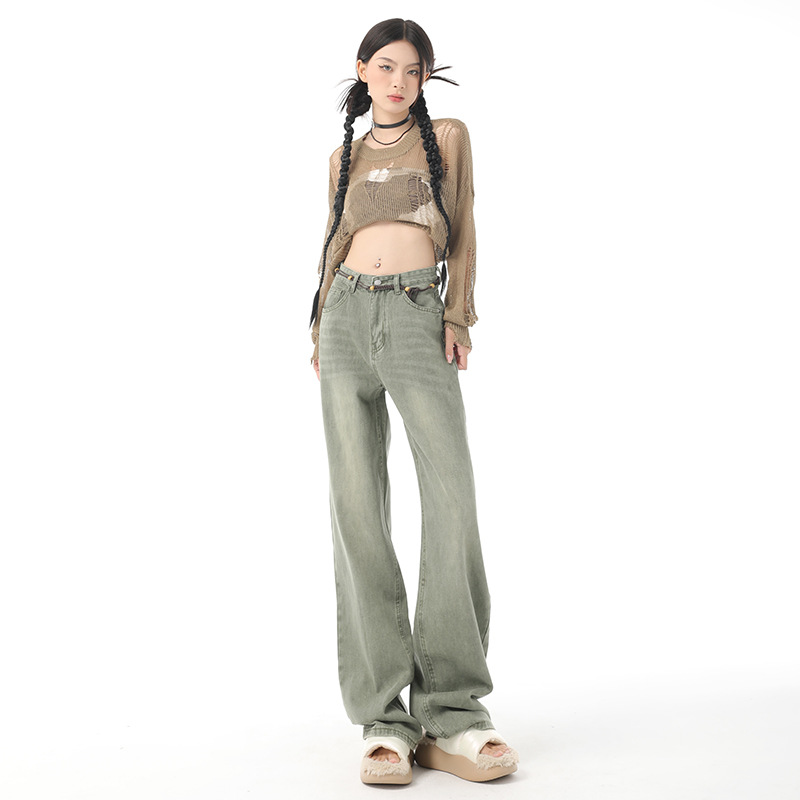 Title 5, New Niche Washed Retro Green Wide Leg Jeans for...