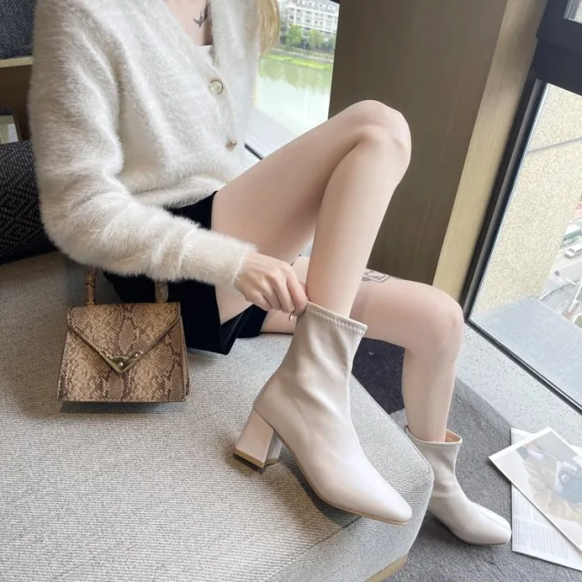 Soft Leather Was Thin High heeled Nude Boots Square Toe Elasticity Nude - Shop at LoveMi