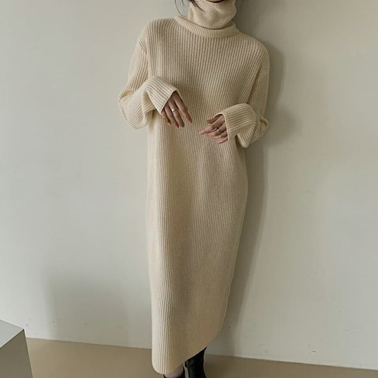 Loose High Neck Women Over The Knee Long Sweater Dress