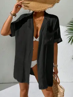 Women Simple Solid Color Short Sleeve Kimono Cover Up - Black - View 1