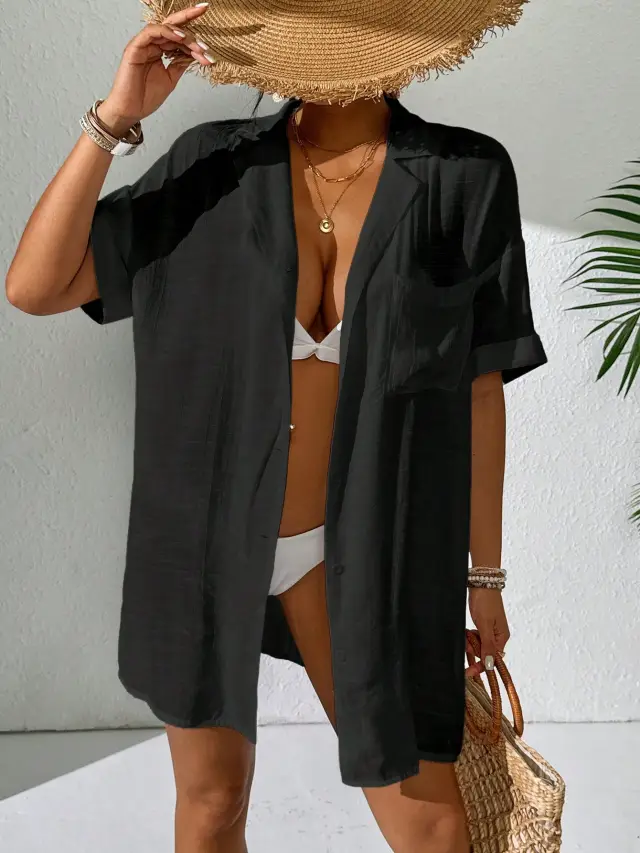 Women Simple Solid Color Short Sleeve Kimono Cover Up Black - Shop at LoveMi