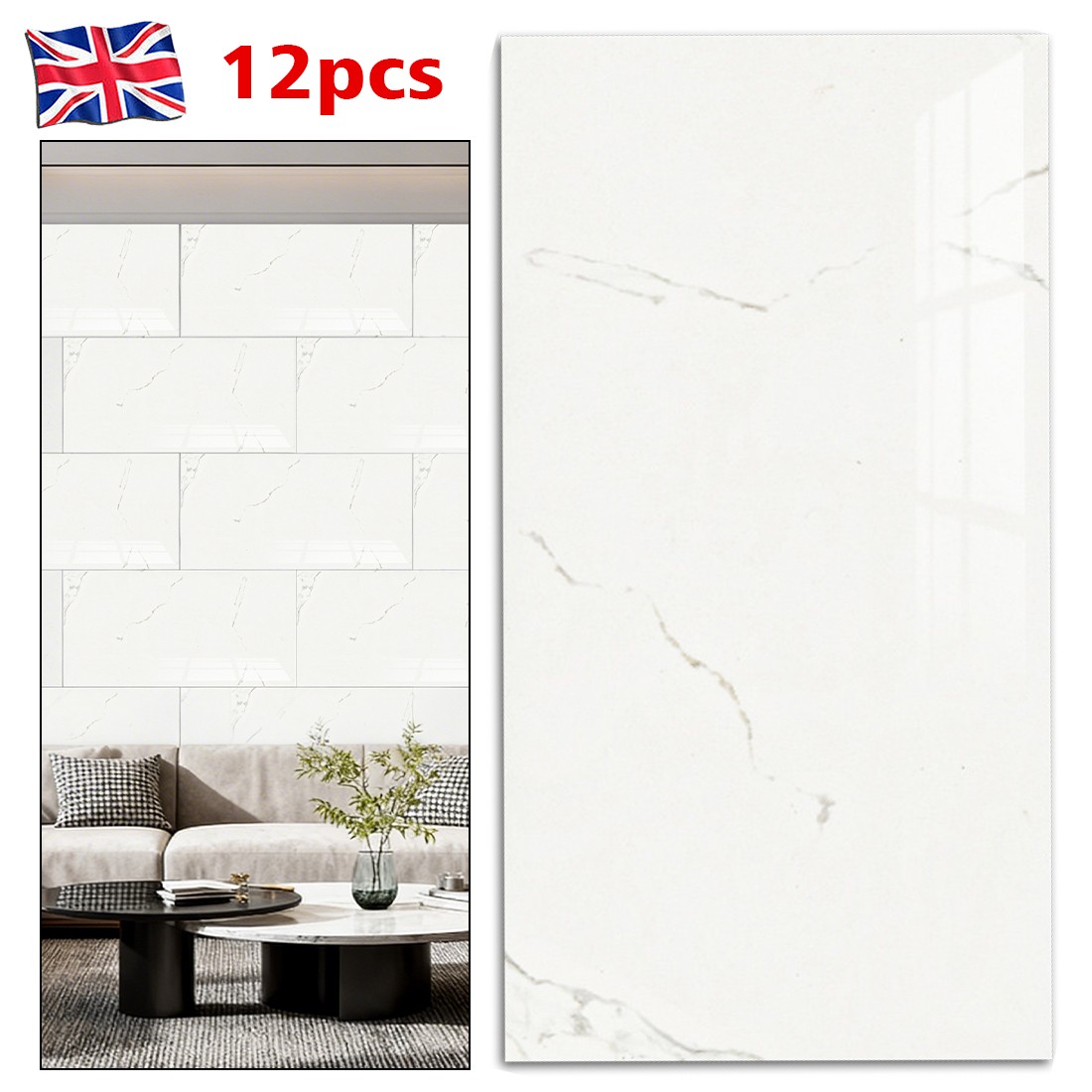 12Pcs PVC Marble Tiles Wall Sticker Self-Adhesive Stick Kitchen Bathroom Decor