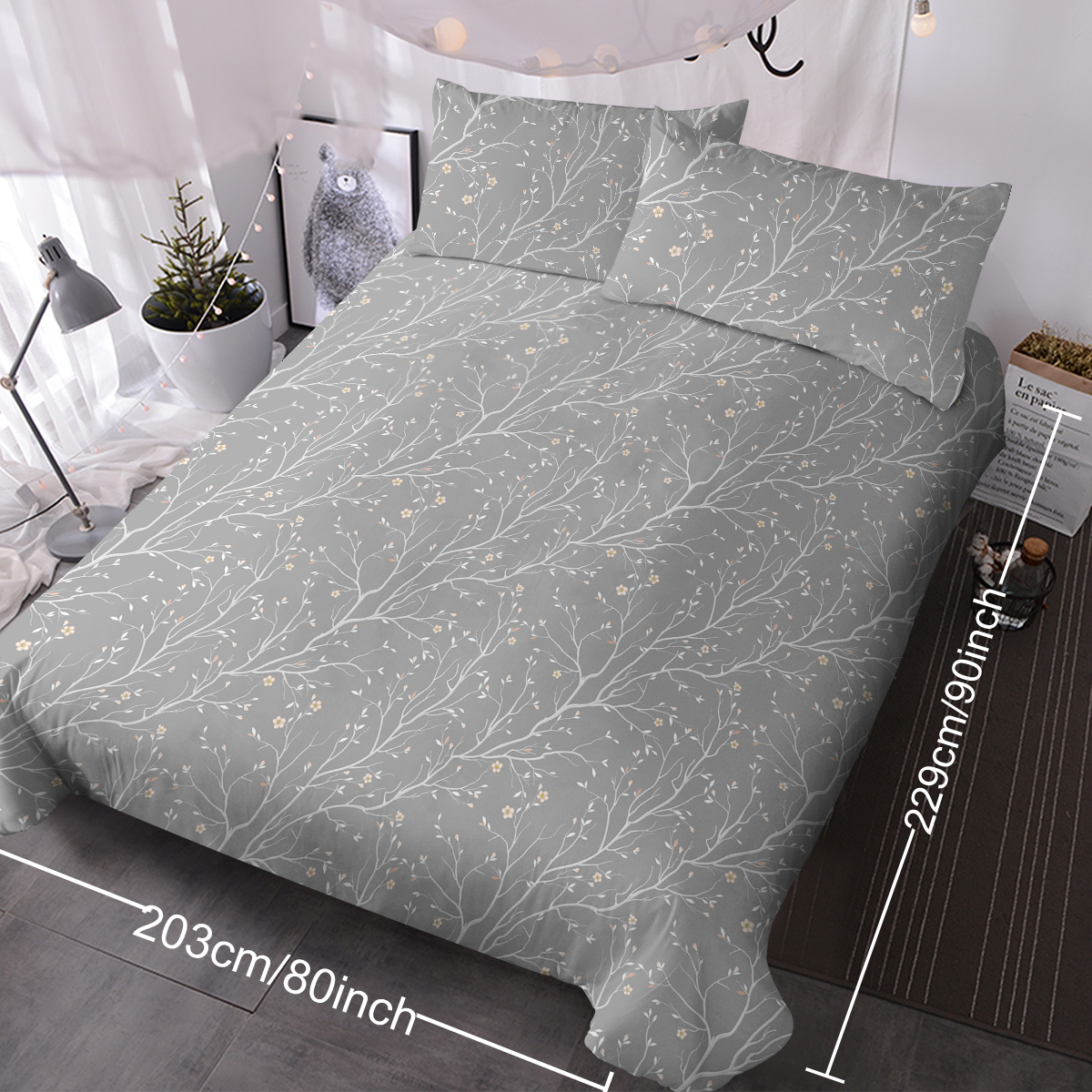 Grey Bed Set, 3 Pieces Branches Bedding, 1 Soft Reversible Botanical Flowers Comforter And 2 Pillow Shams