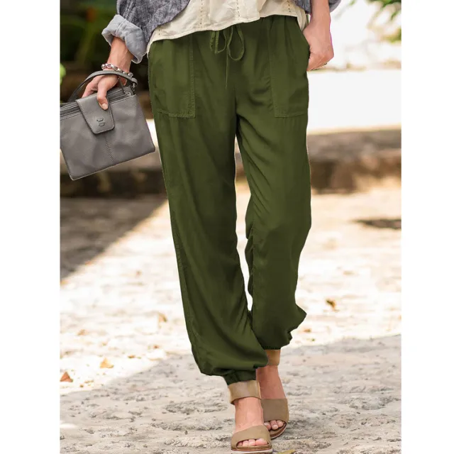 Lace Up Trousers Solid Color Stretch Knee Pocket Casual Pants Army Green - Shop at LoveMi