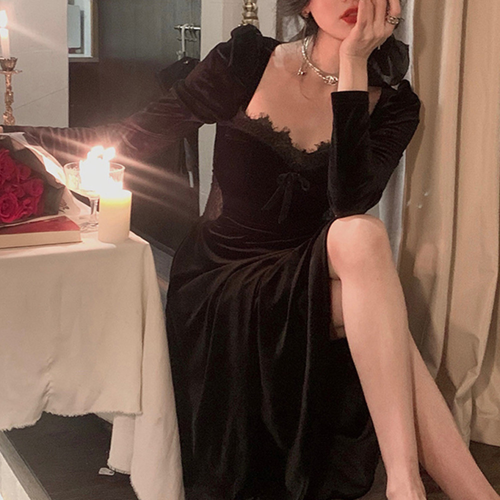 Temperament Black Velvet Dress Women's Waist