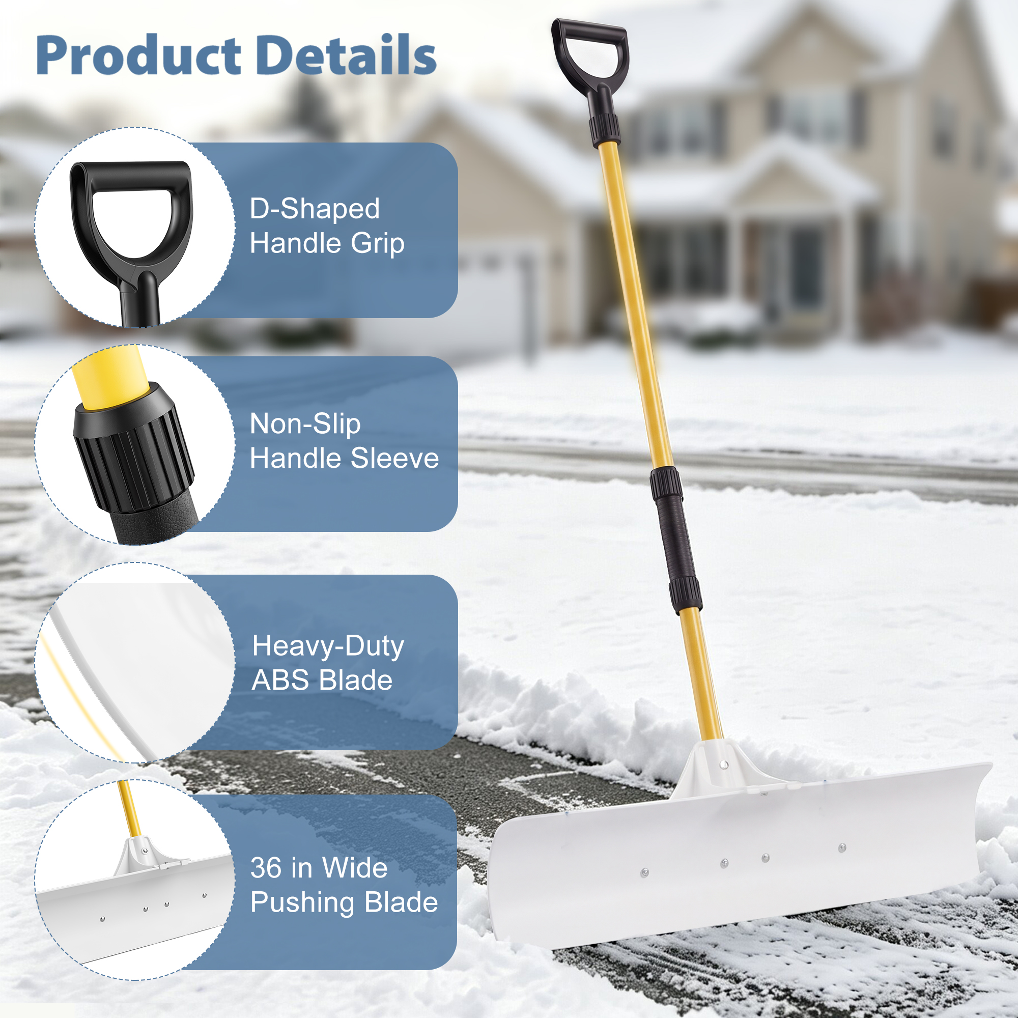 Snow Pusher Shovel With Handle, Wide Plastic Snow Removal Tool For Driveway, Sidewalk, Walkway,White image 3