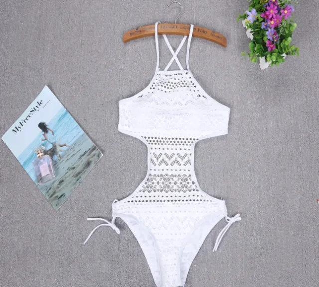 Knitted lace multi code multi color one piece swimsuit White - Shop at LoveMi