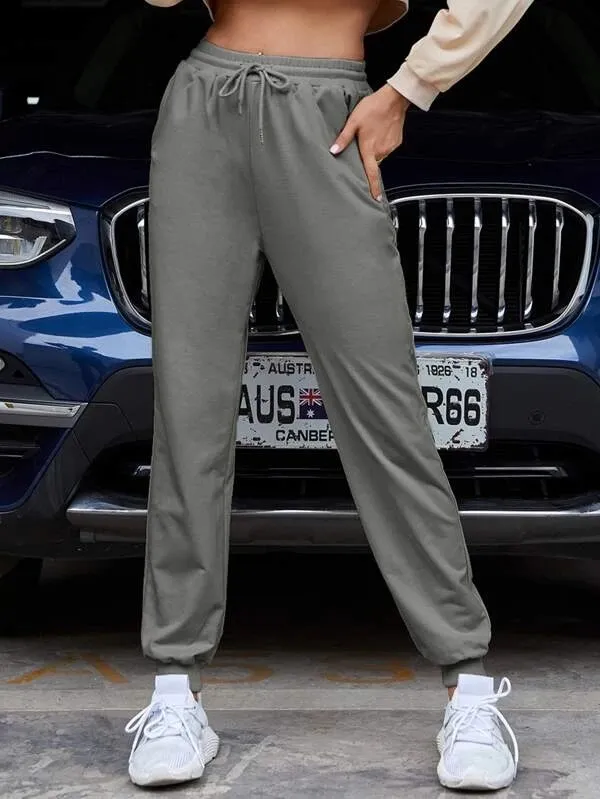 Elastic Band Solid Color Casual Trousers Grey - Shop at LoveMi