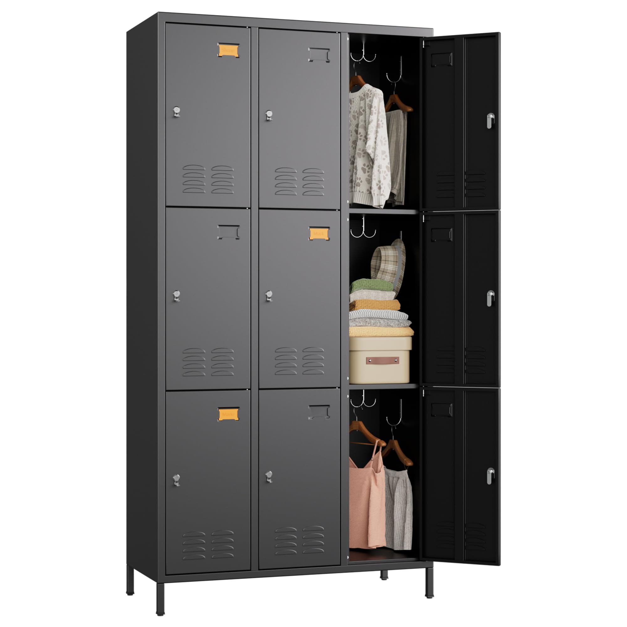 METAN Metal Locker For School Office Gym Bedroom,9 Doors Black Steel Storage Locker Cabinet For Employees, Industrial Storage Locker, Assembly Required 9 Door-Black