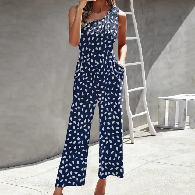 Women's Fashion Jumpsuit Cross Shoulder Top Blue Dot - Shop at LoveMi