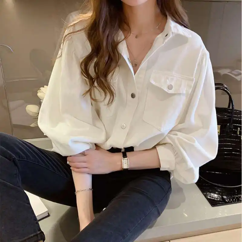 Blouses Shirts Women Spring Pockets Long Sleeve Fashion Solid