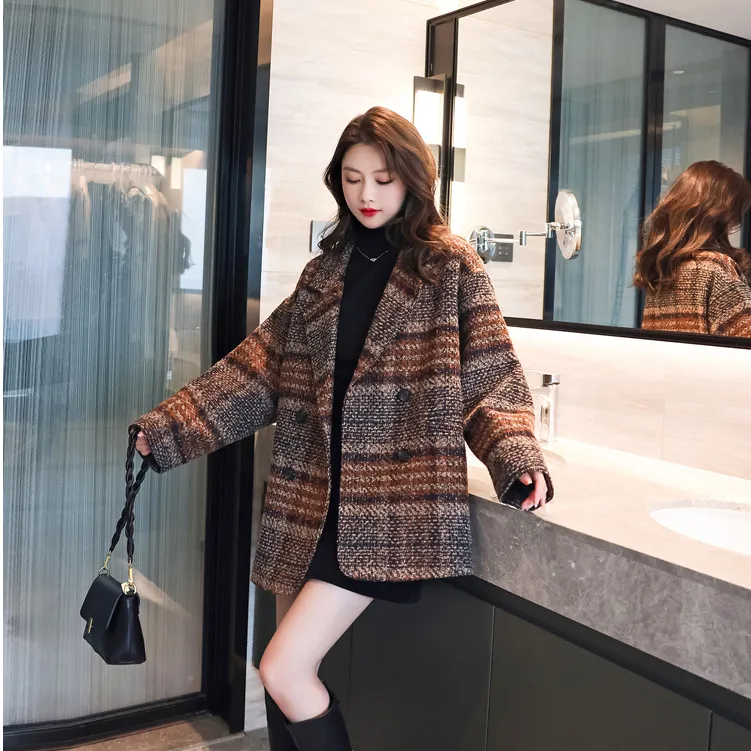Women's Suit Jacket All-match New Popular Woolen Coat Plaid Tweed Mid-length - Coffee