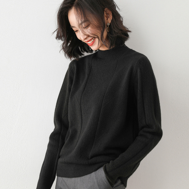 Womens High Neck Woolen Sweater With Twisted Flower Slim Bottoming Sweater