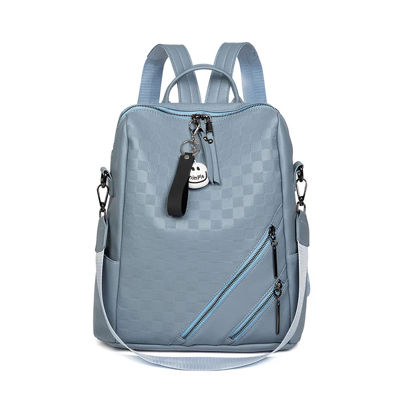 Fashion Checkerboard Backpack Casual Shoulder Bag All-match Shopping Travel Bags For Women - Blue