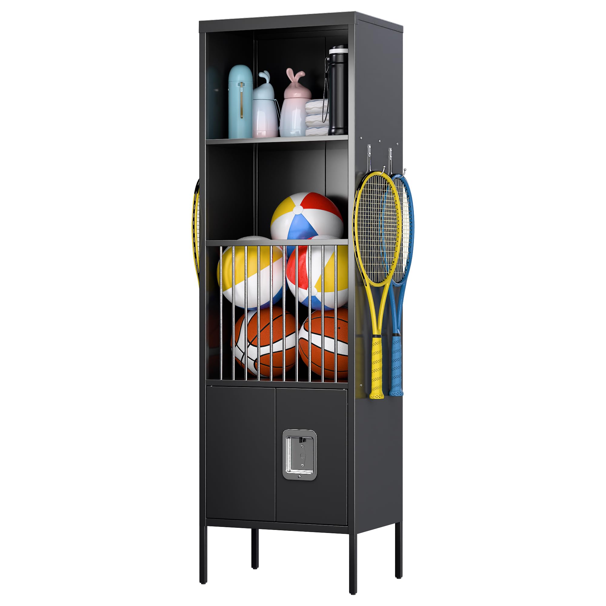 Aobabo 72inch H Metal Storage Locker For Gym, For Stores Sports Gear Footballs, Rugby Balls And Tennis, Open Storage Locker With Hooks For School, Gym, Black, Assembly Required - Image 1