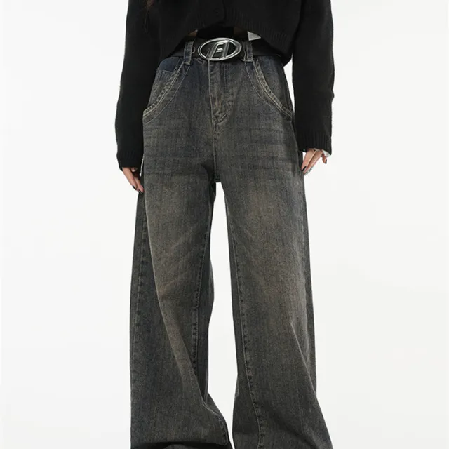Women's Loose High Waist Skinny Straight Wide Pants Dark Blue - Shop at LoveMi