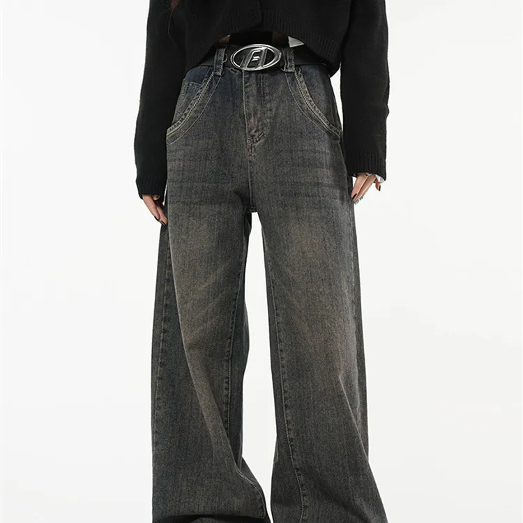Women's Loose High Waist Skinny Straight Wide Pants - Dark Blue