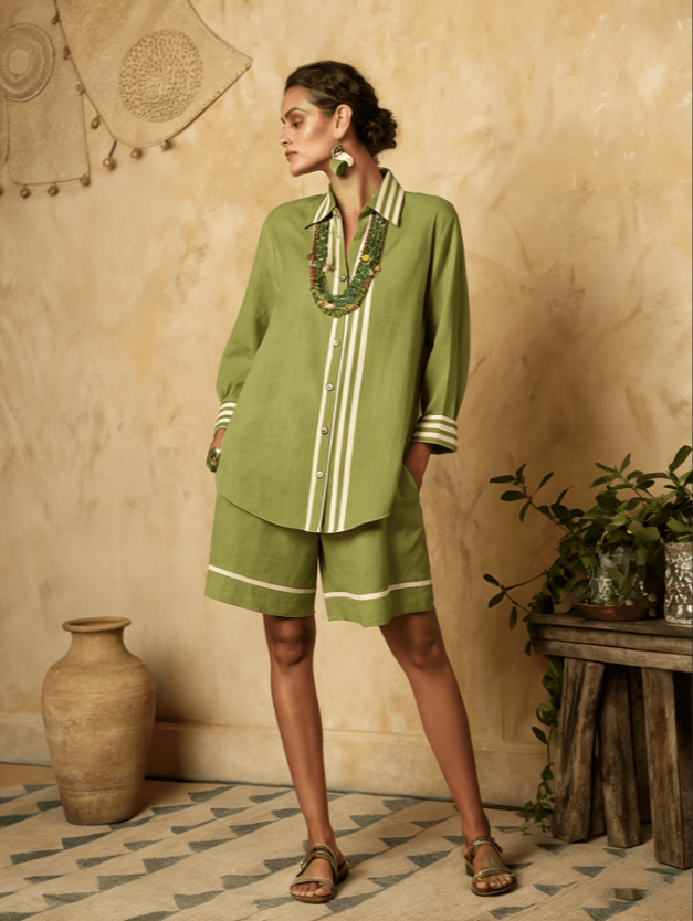 Women's Green Linen Blend Striped Button Down Shirt & Shorts Two Piece Set, Boho Vacation Co-ord