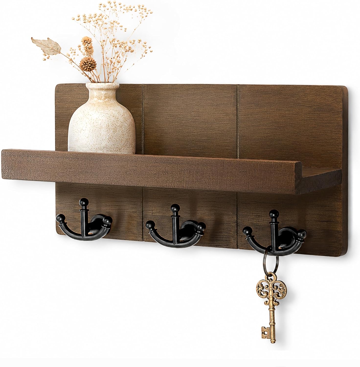 Wall Mount Key Holder With 3 Hooks, Retro Brown Key Rack Organizer For Entryway, Hallway And Home Decor