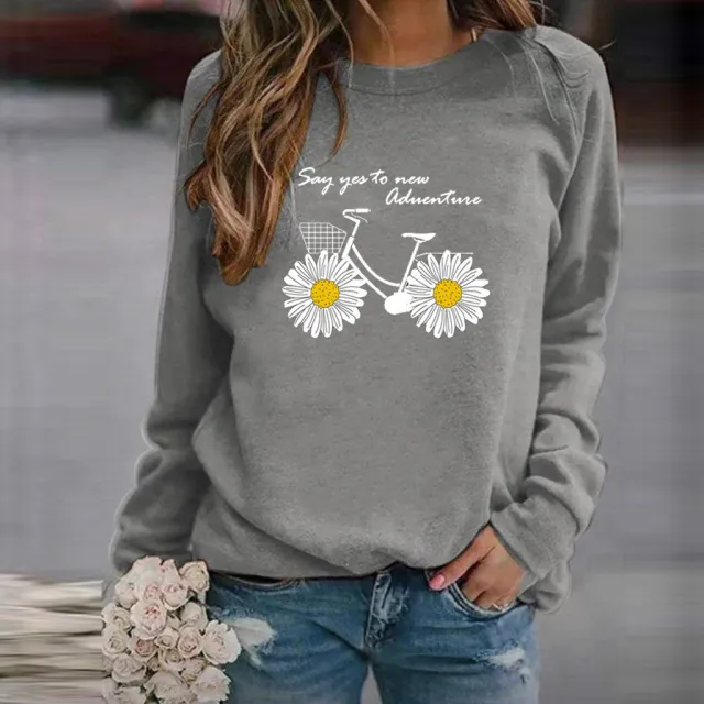 Women's Sweatshirt Round Neck Casual Loose Pullover Top Printed Long Sleeve T shirt 14 Style L - Shop at LoveMi