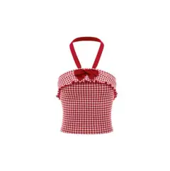 Strawberry Sweet Plaid Series Bowknot Halter Sling - Strawberry Grid Sling - View 1