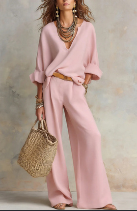 Relaxed Linen-Style V-Neck Batwing Sleeve Wide-Leg Pants Two-Piece Set