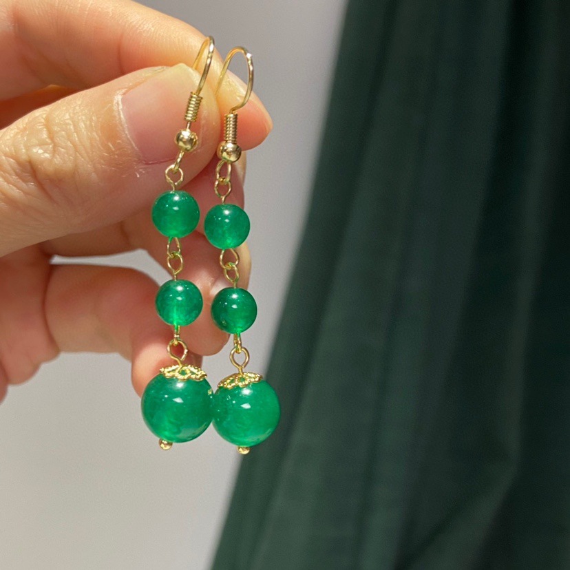 New Exquisite Simple Emerald Beads Long Tassel Earrings
