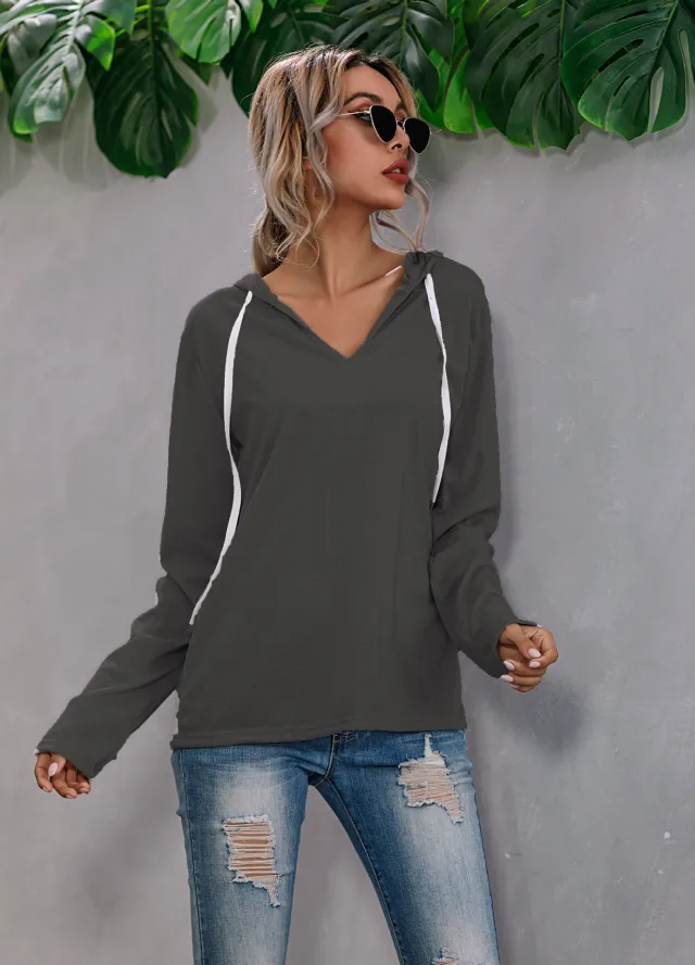 Drawstring V neck Fleece Bottoming Shirt Hooded Sweatshirt Black - Shop at LoveMi
