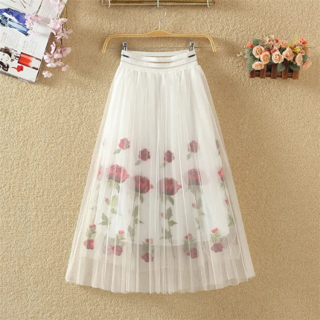 Embroidered Floral Pleated Mesh Skirt Mid Length Red - Shop at LoveMi