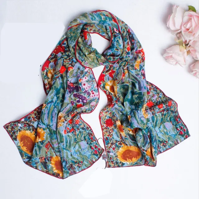 Crepe Satin Long Scarf Women 160x45 Shawl Sun Flowers - Shop at LoveMi