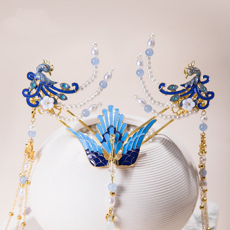 Tassel Peacock Burning Blue Hairpin Set