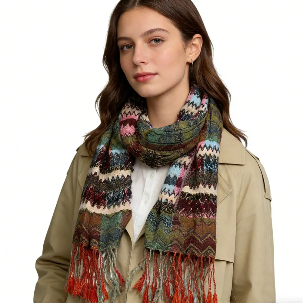 Green Jacquard Polyester Scarf - Leaf Pattern