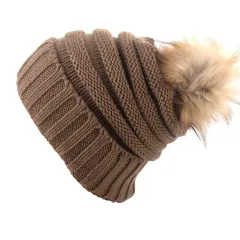 Fashion Turn Over Knitted Woolen Ball Cap - Brown - View 1