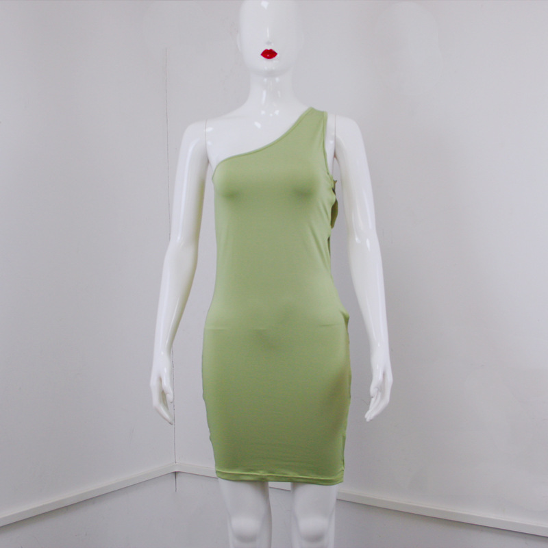 Solid Color Hollow One-shoulder Oblique Collar Metal Ring Sexy Hip Skirt