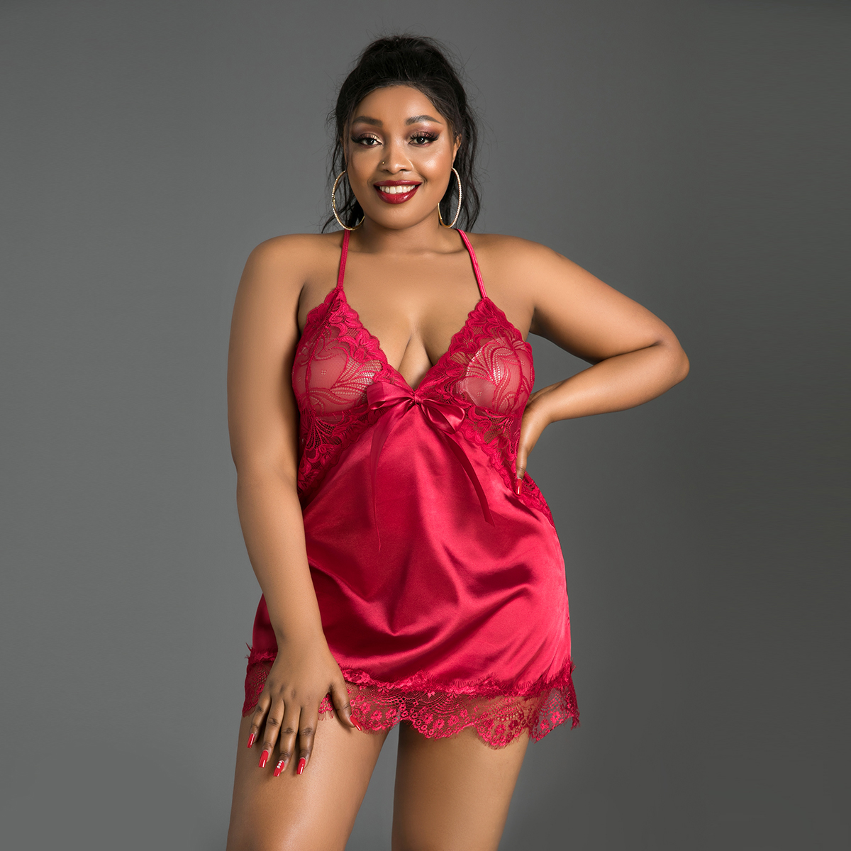 طقم بيجاما بكحالة بدون أكمام بتصميم الدانتيل وألوان صلبة - بأسلوب أوروبي وأمريكي