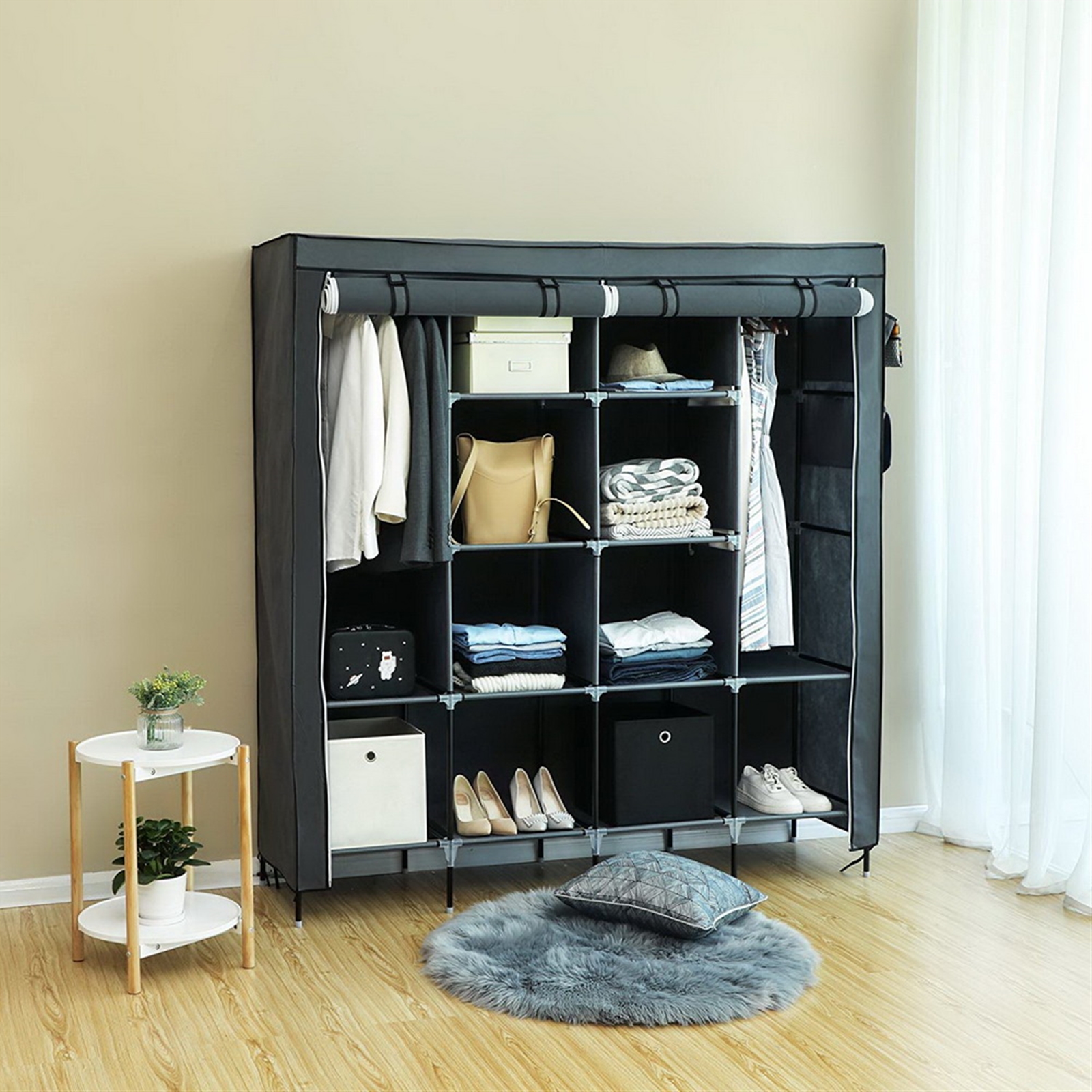 67 Inch Clothes Closet Portable Wardrobe Clothes Storage Rack 12 Shelves 4 Side Pockets Gray